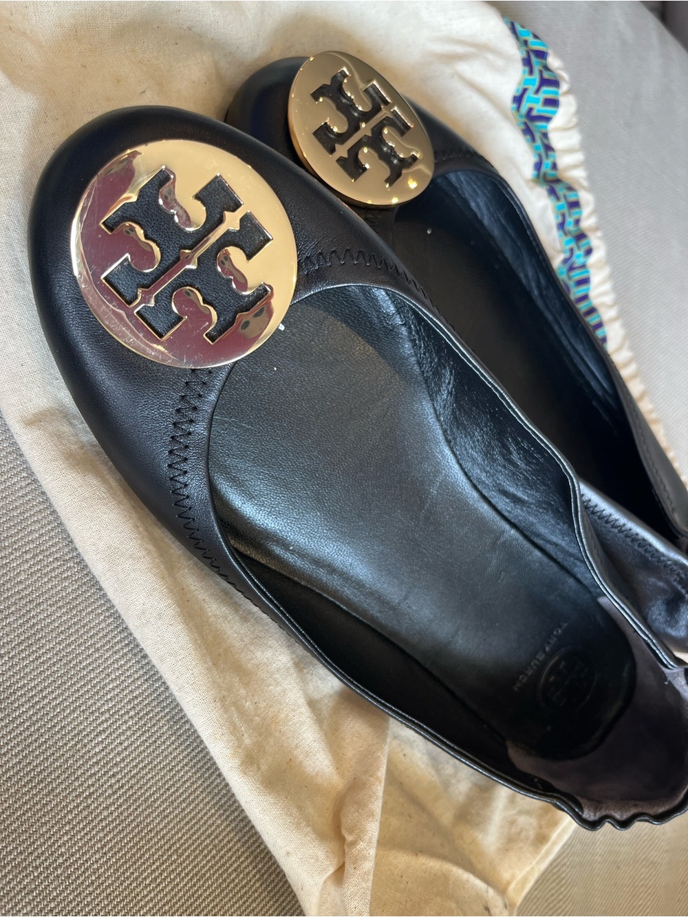 Tory Burch Black Leather Logo Ballet Flat with Gold Emblem